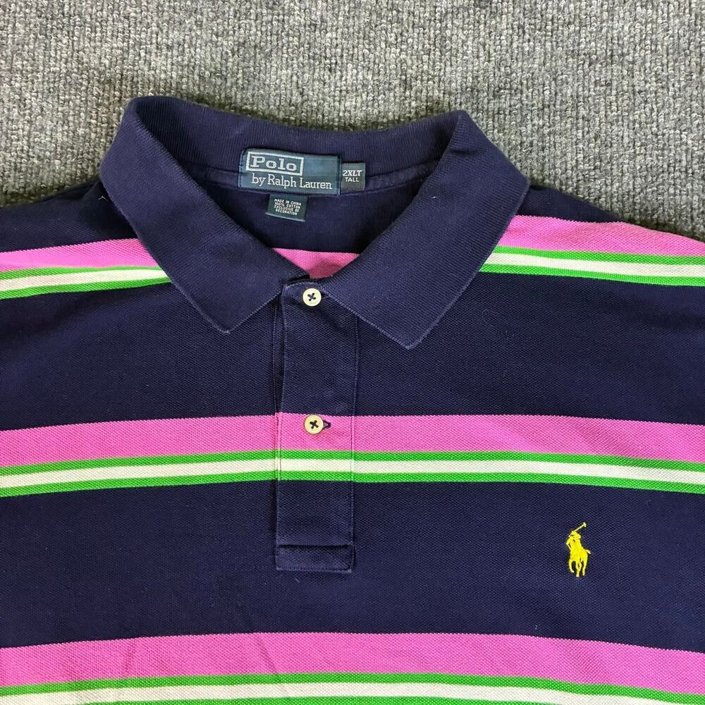 Polo Ralph Lauren 2XLT Polo Shirt Navy Pink Green Striped Big Tall Cotton
